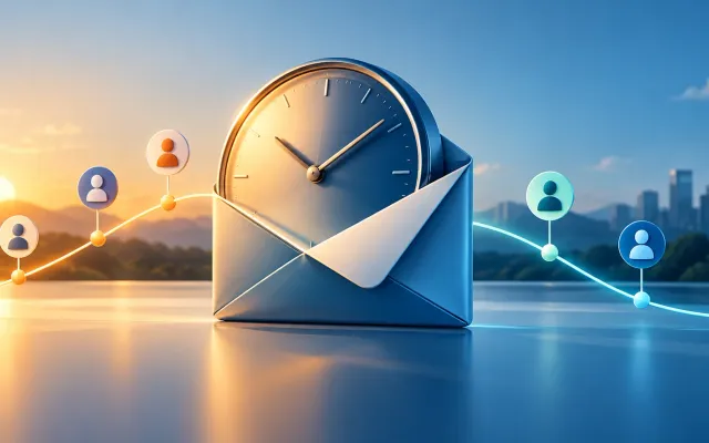 Reloj y sobre de correo junto a una línea temporal con distintos momentos de envío